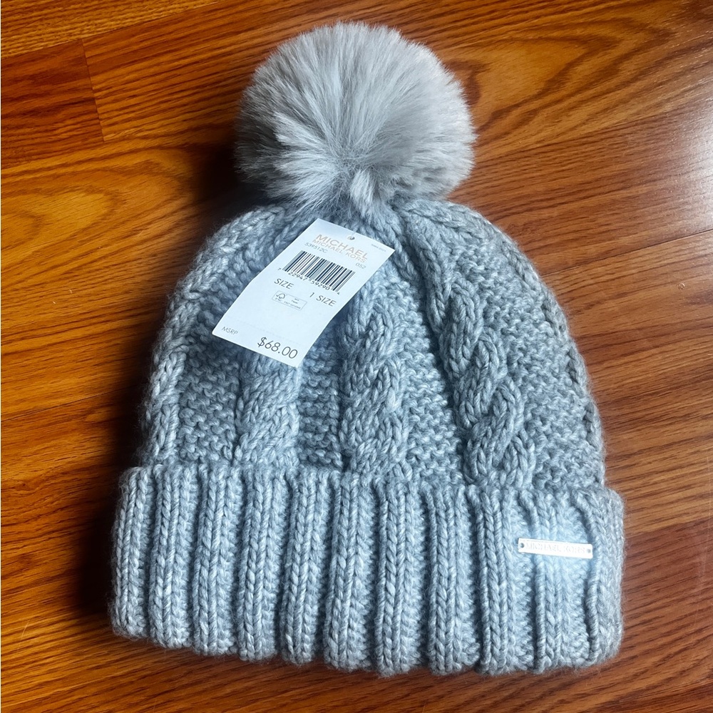 Michael Kors Gray Cable Knit Beanie with Pom-Pom